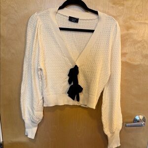 Vici Cream V-Neck Knit Cardigan with Black Bow Ties Medium